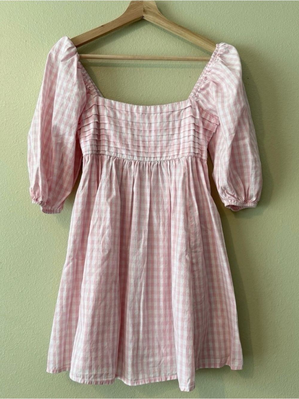 Blue Rain Pink Gingham Square-Neck Puff Sleeve Mini Dress
